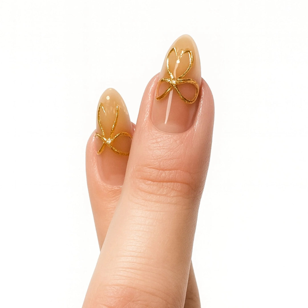 Freaky Nails Golden Bow Babe Nude Press-On Nagels met Gouden Strikjes