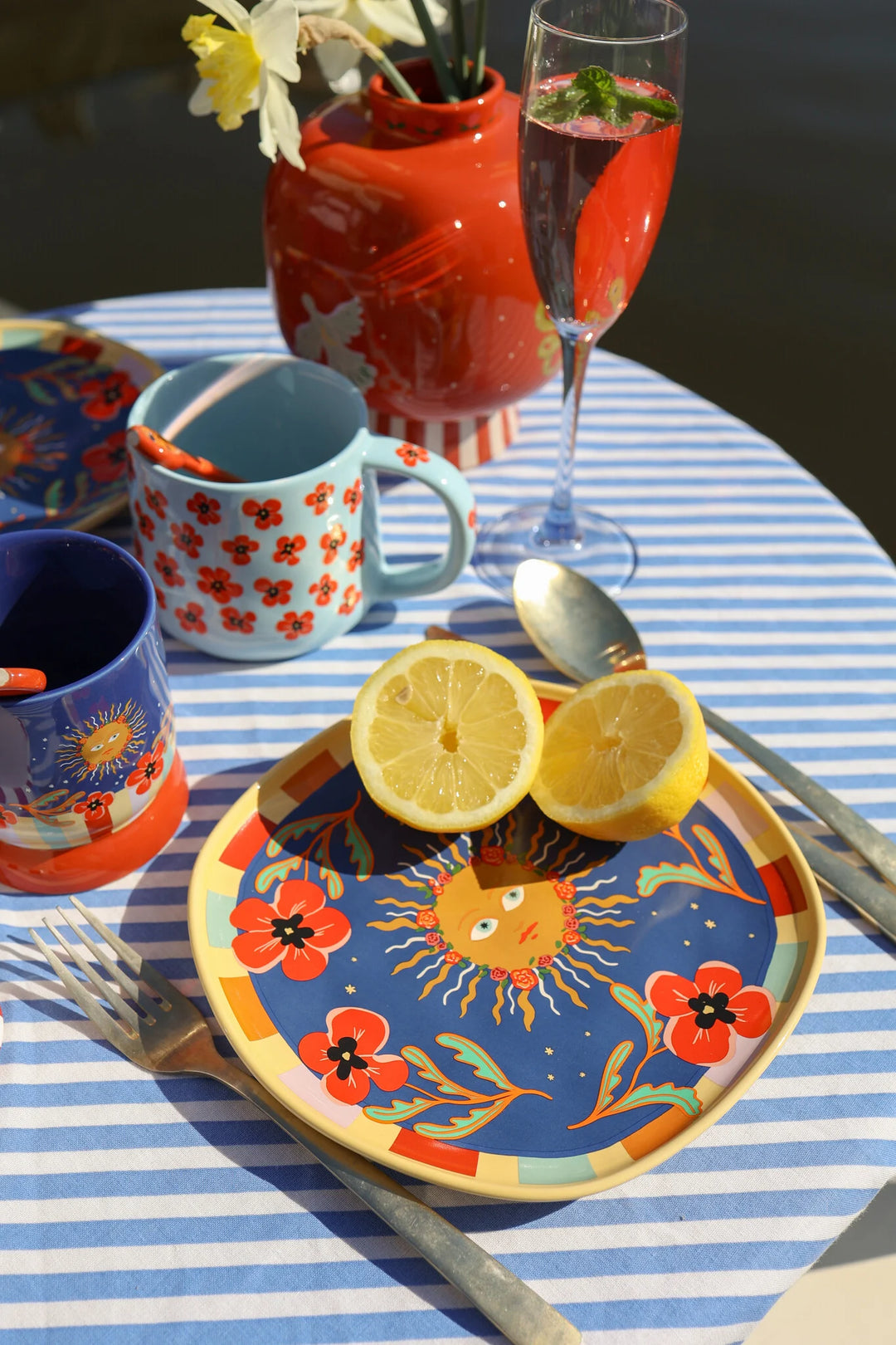 Bord Donker Blauw met Zon en Bloemen