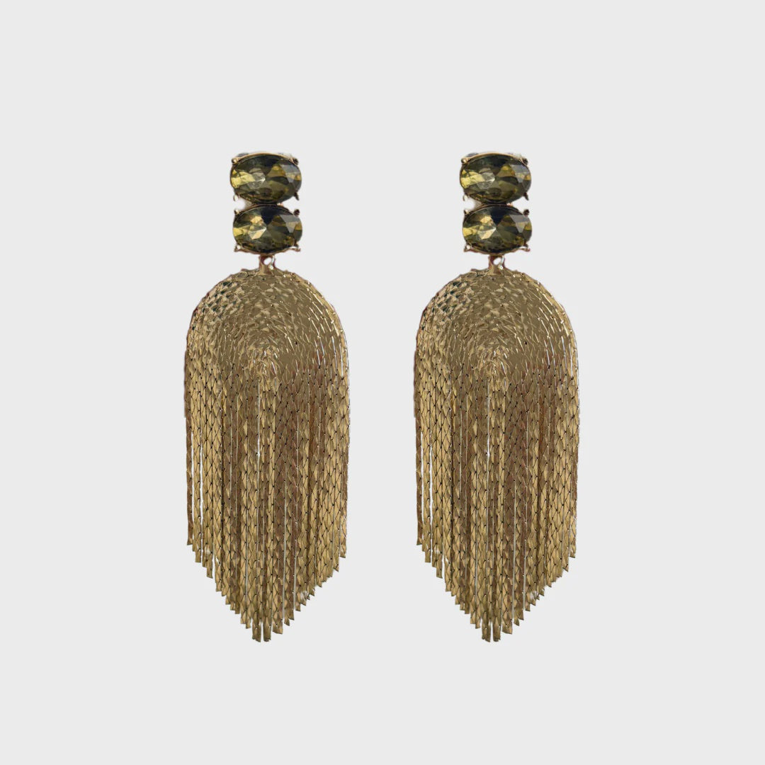 Stone Fringe Earrings - Green