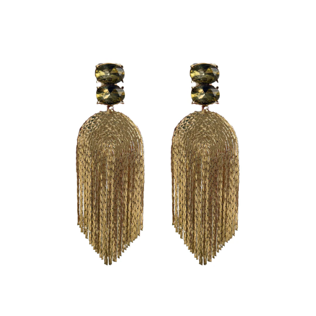 Stone Fringe Earrings - Green